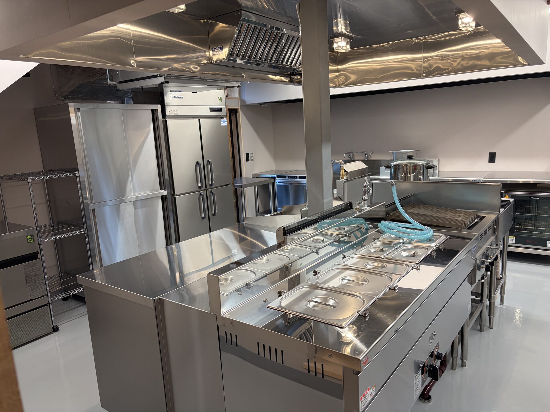Stainless steel commercial cooking line with ventilation hood and refrigeration